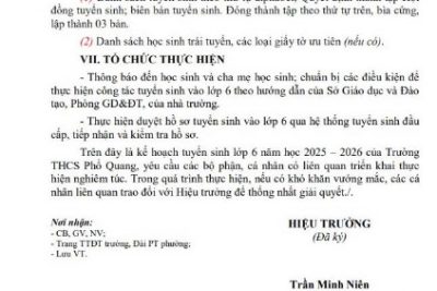 THÔNG BÁO KẾ HOẠCH TUYỂN SINH LỚP 6 NĂM HỌC 2025–2026