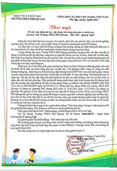 THƯ VẬN ĐỘNG XÂY DỰNG SÂN BÓNG TRƯỜNG THCS PHỔ QUANG