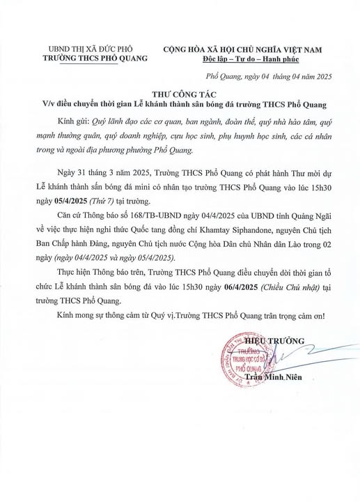THÔNG BÁO THAY ĐỔI THỜI GIAN LỄ KHÁNH THÀNH SÂN BÓNG ĐÁ MINI CỎ NHÂN TẠO – TRƯỜNG THCS PHỔ QUANG ⚽