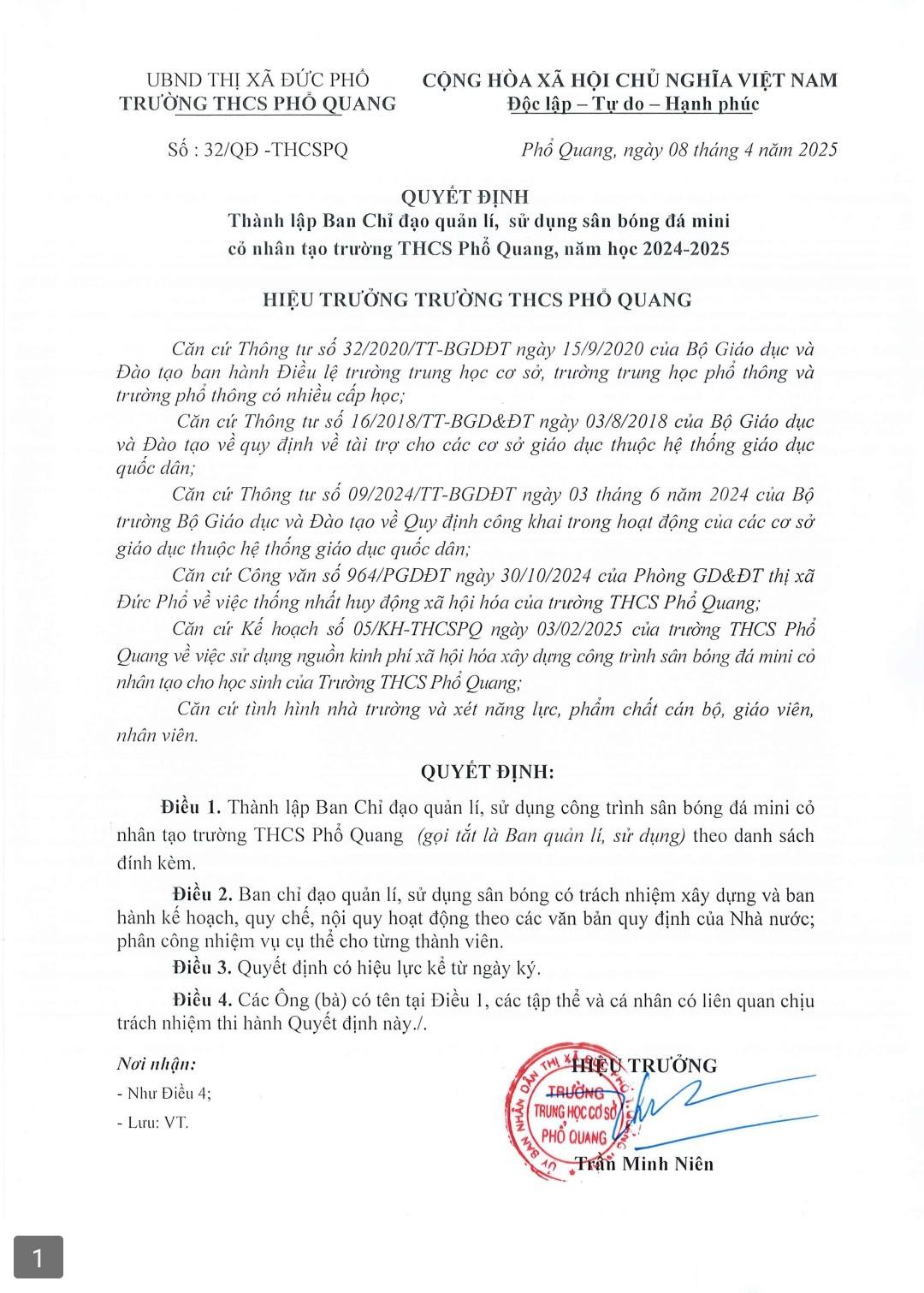 QUYẾT ĐỊNH BAN HÀNH QUY CHẾ SỬ DỤNG SÂN BÓNG MINI TRƯỜNG THCS PHỔ QUANG